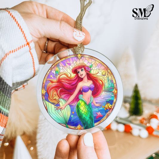 Red mermaid stained glass ornament decal