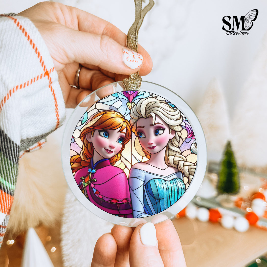 Winter sister princesses stained glass ornament decal